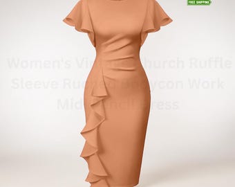 Women's Vintage Church Ruffle Sleeve Ruched Bodycon Work Midi Pencil Dress