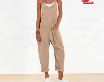 Macacão feminino sem mangas, estilo jardineira casual de verão, com alças finas e bolsos.