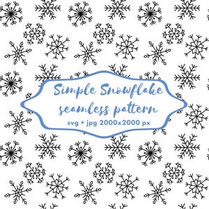May include: A white backdrop featuring a repeating pattern of black snowflakes. A blue-edged shape contains the text "Simple Snowflake seamless pattern svg + jpg 2000x2000 px". The snowflakes are stylized with six points and a central circle.