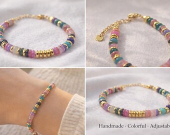 Pulsera de cuentas coloridas / Pulsera apilable con detalles dorados / Joyería ajustable hecha a mano / Regalo boho chic para ella / Pulsera minimalista para combinar