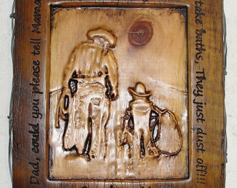 Barnwood Frame with carved Picture of a Cowboy and his Son