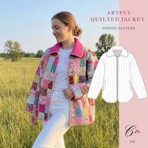 Könnte beinhalten: Bunte Steppjacke mit Patchwork-Design, mit rosa, blauen und floralen Mustern. Die Jacke hat einen rosa Kragen und Besatz sowie einen Reißverschluss. Das Bild enthält auch eine Schnittmusterillustration mit dem Text "ARTFUL QUILTED JACKET SEWING PATTERN".
