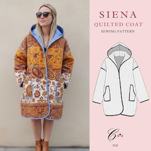 Könnte beinhalten: Eine Frau trägt einen Steppmantel mit Paisley-Muster in Gelb, Rot und Weiß. Der Mantel hat ein blaues Futter und eine Kapuze. Das Bild zeigt auch eine Strichzeichnung des Mantels und den Text "SIENA QUILTED COAT SEWING PATTERN".