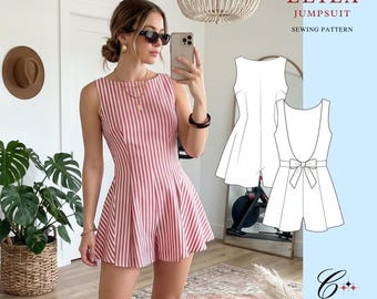Leila Jumpsuit Sewing Pattern, Open Back Romper, Flowy Playsuit PDF (Sizes 00-26), Beginner Friendly