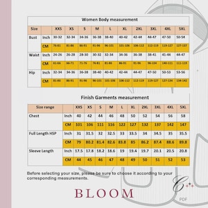 Puede incluir: Tabla de tallas para ropa de mujer, mostrando medidas de busto, cintura y cadera en pulgadas y cent&iacute;metros. Incluye medidas de prendas terminadas como pecho, largo total y largo de manga.