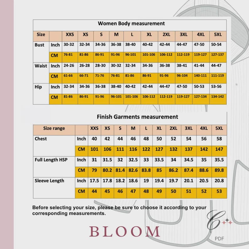Puede incluir: Tabla de tallas para ropa de mujer, mostrando medidas de busto, cintura y cadera en pulgadas y cent&iacute;metros. Incluye medidas de prendas terminadas como pecho, largo total y largo de manga.