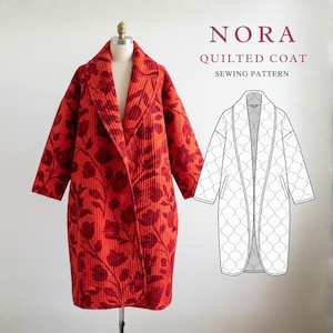 Peut inclure: Un manteau matelassé rouge vif, orné d'un motif floral rouge foncé. Le manteau est présenté sur un mannequin, avec un dessin au trait du modèle à côté. Le texte "NORA QUILTED COAT SEWING PATTERN" est visible.