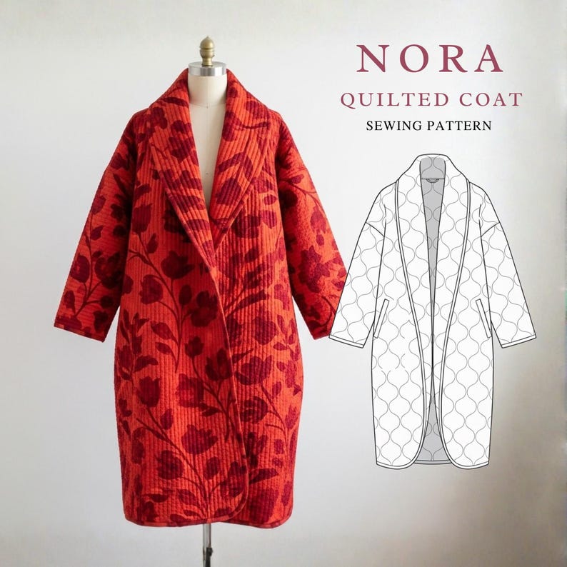 May include: A quilted coat in a vibrant red hue, adorned with a floral pattern in a darker shade of red. The coat is displayed on a mannequin, with a line drawing of the coat design next to it. The text "NORA QUILTED COAT SEWING PATTERN" is visible.