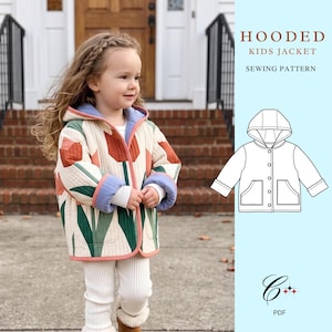 Könnte beinhalten: Ein Schnittmuster für eine Kinderjacke mit Kapuze, gestepptem Design und Tulpenmuster in Rot, Grün und Creme. Die Jacke hat ein hellblaues Innenfutter, lange Ärmel mit Umschlag und eine Knopfleiste vorne. Der Text lautet HOODED KIDS JACKET.