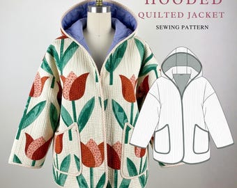 Modello di cucito per giacca trapuntata con cappuccio per principianti / Taglie XXS-4XL (download immediato)