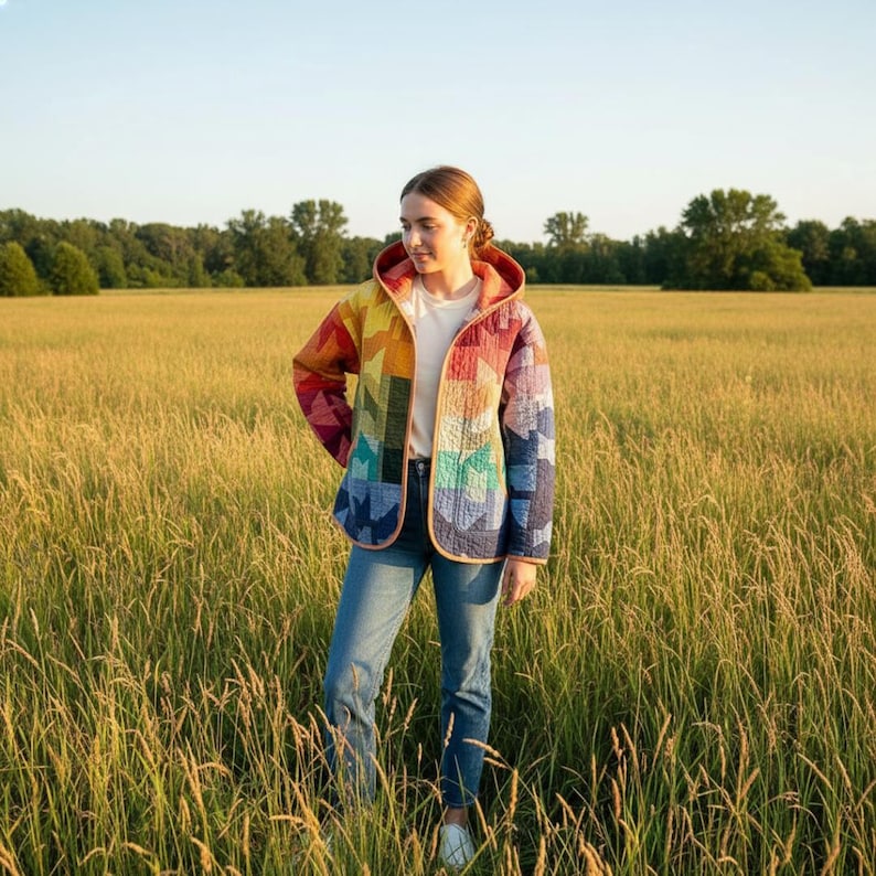 Puede incluir: Chaqueta acolchada colorida con un patr&oacute;n geom&eacute;trico de arco&iacute;ris. La chaqueta tiene capucha y se usa sobre una camisa blanca y jeans azules. El dise&ntilde;o incorpora tonos de rojo, naranja, amarillo, verde y azul. La chaqueta se usa en un campo de hierba alta.