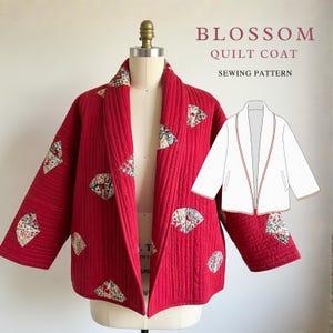 May include: A red quilted coat with fan-shaped fabric patches. The coat is displayed on a mannequin, with the text "BLOSSOM QUILT COAT SEWING PATTERN" visible. The coat has a relaxed fit and a shawl collar.