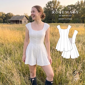 Könnte beinhalten: Ein weißer ärmelloser Jumpsuit mit Rundhalsausschnitt und tailliertem Oberteil, dargestellt neben einer technischen Strichzeichnung des Kleidungsstücks mit der Aufschrift Rosemary Jumpsuit Sewing Pattern. Der Jumpsuit hat ein ausgestelltes kurzes Unterteil.