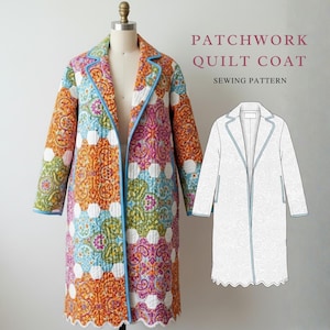 Pu&ograve; includere: Un cappotto patchwork trapuntato esposto su un manichino. Il cappotto presenta un colorato motivo floreale con tonalit&agrave; arancioni, rosa e blu. Ha un bordo blu e un orlo smerlato. Il testo "PATCHWORK QUILT COAT SEWING PATTERN" &egrave; visibile.