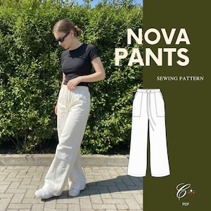 May include: A woman in a black top and cream trousers with a drawstring waist and pockets. The image includes the text "NOVA PANTS SEWING PATTERN". The trousers are a sewing pattern design.