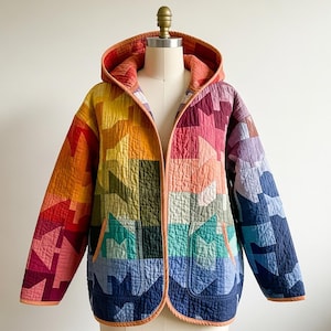 Puede incluir: Chaqueta acolchada con un vibrante esquema de colores arco&iacute;ris, con capucha y dos bolsillos delanteros. El dise&ntilde;o de la chaqueta incorpora patrones geom&eacute;tricos en tonos de rojo, naranja, amarillo, verde, azul y morado. La chaqueta se muestra en un maniqu&iacute;.