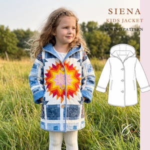 Könnte beinhalten: Eine gesteppte Kapuzenjacke mit einem zentralen Sternmuster in Gelb-, Orange- und Rosatönen, umgeben von blau-weißen Patchwork-Blöcken. Die Jacke hat drei Knöpfe auf der Vorderseite und eine technische Strichzeichnung des Schnittmusters.