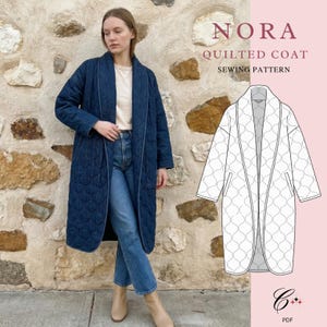 May include: A woman wearing a long, quilted navy blue coat with a geometric pattern. The coat has a shawl collar and is paired with blue jeans and tan boots. The image also includes a sewing pattern for the "Nora Quilted Coat."
