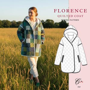 Op de afbeelding: Een vrouw draagt een gewatteerde jas met patchwork-ontwerp in groen, blauw en geel. De jas heeft een capuchon en witte biezen. De tekst "FLORENCE QUILTED COAT SEWING PATTERN" staat op een roze achtergrond.