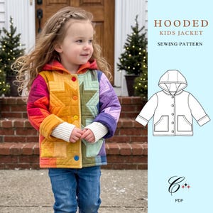 May include: A quilted hooded jacket featuring a vibrant rainbow star pattern, long sleeves with white ribbed cuffs, and a front button closure. The image includes a technical line drawing of the jacket labelled HOODED KIDS JACKET SEWING PATTERN.