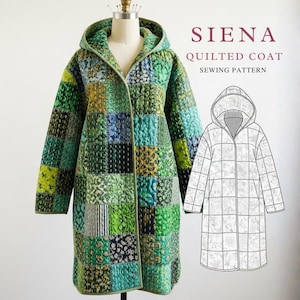 May include: A patchwork quilted coat in greens, blues, and yellows is shown on a mannequin. The coat features a hood and a zip. The text "SIENA QUILTED COAT SEWING PATTERN" is displayed alongside a coat pattern.