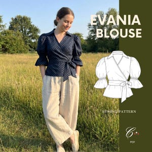 May include: A navy blue wrap blouse with a small white geometric pattern, featuring a collared neckline, puff sleeves with gathered cuffs, and a side tie closure. The image includes a technical line drawing labelled EVANIA BLOUSE SEWING PATTERN.