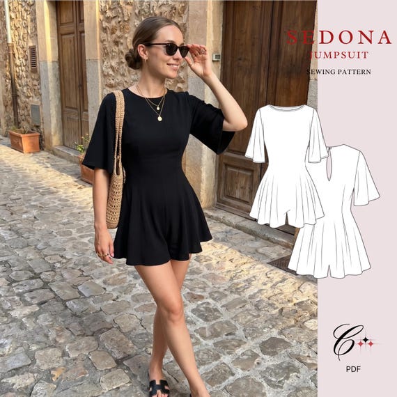 Sedona Jumpsuit Sewing Pattern, Open Back Romper, Flowy Playsuit PDF (Sizes 00-26), Beginner Friendly