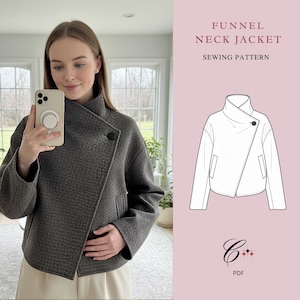 May include: A dark grey funnel neck jacket with a single black button fastening. The jacket features an asymmetrical design and two front pockets. The image also includes a sewing pattern illustration and the text "FUNNEL NECK JACKET SEWING PATTERN".