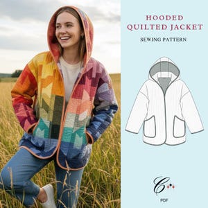May include: A rainbow geometric patterned hooded, quilted jacket with light orange trim and two front pockets. The image also includes a line drawing of the jacket and the text "Hooded Quilted Jacket Sewing Pattern".
