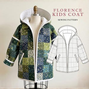 Könnte beinhalten: Ein gesteppter Kindermantel mit Patchwork-Blumenmuster in Grün- und Blautönen, mit weißem Kapuzenfutter, weißer Einfassung und zwei Vordertaschen. Der Text FLORENCE KIDS COAT SEWING PATTERN steht neben einer schwarz-weißen Strichzeichnung.