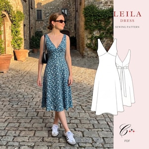 May include: A sewing pattern for the Leila dress, featuring a blue floral midi dress with a V-neckline and a black shoulder bag. The image includes a technical line drawing of the dress with a tie-back detail and the text LEILA DRESS SEWING PATTERN.