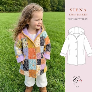May include: A quilted jacket featuring a patchwork design with various floral and geometric patterns in shades of yellow, orange, blue, and black. The jacket has a light purple hood lining, long sleeves with purple cuffs, and three front buttons.