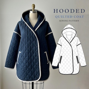 May include: A navy blue quilted coat with a hood, white trim, and pockets. The coat is displayed on a mannequin. The image also includes a line drawing of the coat and the text "HOODED QUILTED COAT SEWING PATTERN."