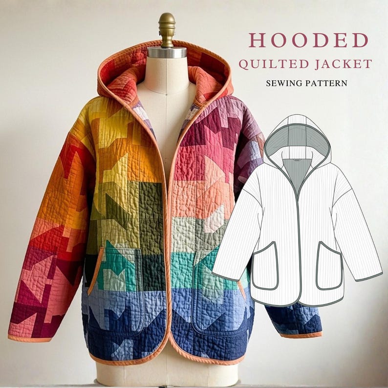 Puede incluir: Chaqueta con capucha acolchada y colorida exhibida en un maniqu&iacute;. La chaqueta presenta un dise&ntilde;o de patchwork en tonos naranja, amarillo, rosa, verde y azul. La imagen tambi&eacute;n incluye un dibujo lineal de la chaqueta y el texto "HOODED QUILTED JACKET SEWING PATTERN."