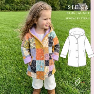 Puede incluir: Una chaqueta acolchada con un patrón de patchwork en tonos naranja, amarillo, azul y negro, con forro de capucha color lavanda, tres botones frontales y mangas largas. El texto SIENA KIDS JACKET SEWING PATTERN es visible junto a un dibujo.