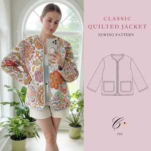 Könnte beinhalten: Gesteppte Jacke mit farbenfrohem Paisley-Muster, hellblauen Besätzen und zwei Vordertaschen. Das Bild enthält auch eine Strichzeichnung der Jacke und den Text "CLASSIC QUILTED JACKET SEWING PATTERN".