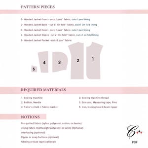 Puede incluir: Diagrama de un patr&oacute;n de costura para una chaqueta con capucha, con piezas de patr&oacute;n numeradas y una lista de materiales necesarios. La imagen incluye una m&aacute;quina de coser, hilo, tijeras y nociones como tela pre acolchada y cremalleras.