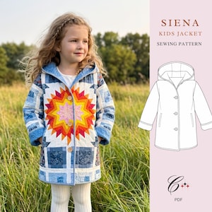 May include: A quilted jacket featuring a vibrant sunburst pattern in yellow, orange, and red, surrounded by blue and white patchwork squares. The jacket has a hood, long sleeves, and three front buttons. A technical line drawing of the jacket is included.