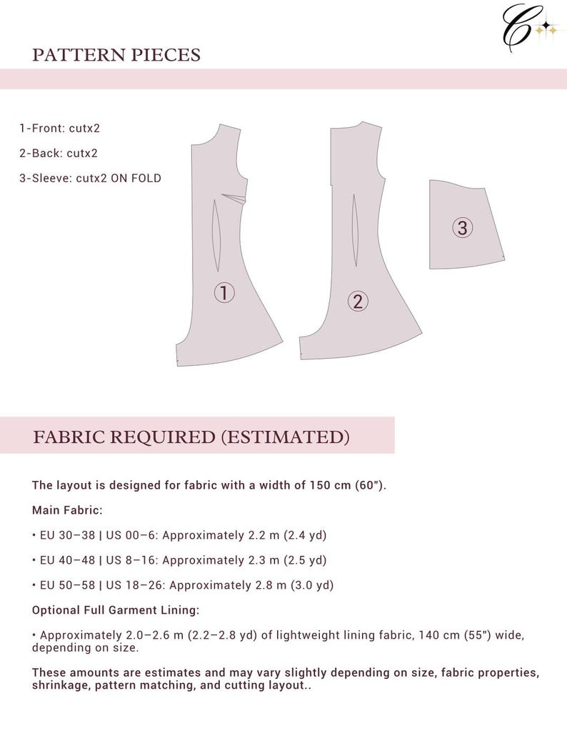 May include: A sewing pattern guide featuring three numbered pattern pieces: 1-Front, 2-Back, and 3-Sleeve. The text lists fabric requirements for various sizes in inches and yards, specifying a fabric width of 60 inches for the main fabric and lining.