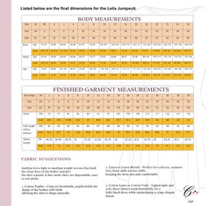 May include: A size chart for the Leila Jumpsuit featuring two tables titled Body Measurements and Finished Garment Measurements with rows for bust, waist, hip, chest, full length, and sleeve length in inches and centimeters, plus fabric suggestions.
