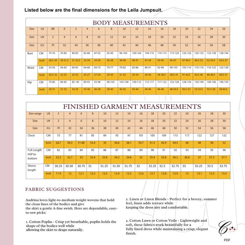 May include: A size chart for the Leila Jumpsuit featuring two tables titled Body Measurements and Finished Garment Measurements with rows for bust, waist, hip, chest, full length, and sleeve length in inches and centimeters, plus fabric suggestions.