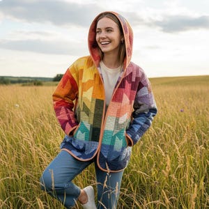 Puede incluir: Chaqueta acolchada con capucha y colores vibrantes, con un patr&oacute;n geom&eacute;trico en tonos rojos, naranjas, amarillos, verdes y azules. La chaqueta est&aacute; abierta, mostrando una camiseta blanca. La persona lleva vaqueros azules y zapatos blancos, en un campo.