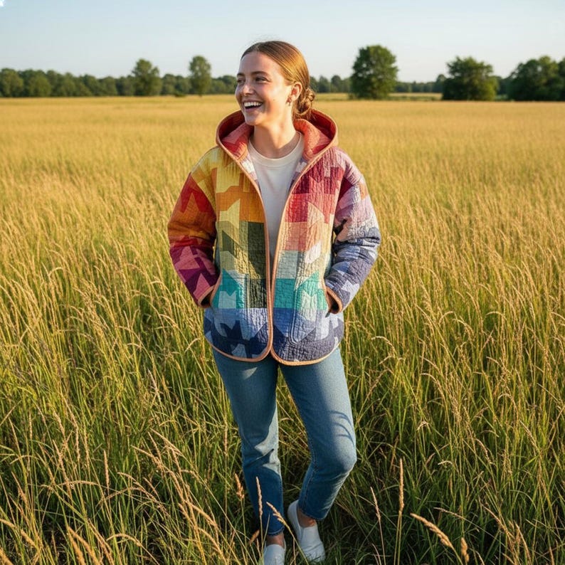 Puede incluir: Una colorida chaqueta acolchada con un patr&oacute;n de arco&iacute;ris, con tonos de rojo, naranja, amarillo, verde y azul. La chaqueta tiene capucha y se usa con vaqueros azules y zapatos blancos. La persona est&aacute; en un campo de hierba alta.