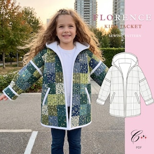 May include: A quilted jacket featuring a patchwork pattern of green, blue, and white floral fabrics with a white hood and trim. The image includes a black and white line drawing of the jacket design and the text Florence Kids Jacket Sewing Pattern.