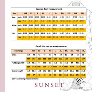Pu&ograve; includere: Una tabella delle misure per donna, che indica le misure del corpo e dei capi in pollici e centimetri. Include misure di busto, vita, fianchi, torace, lunghezza totale e lunghezza manica per varie taglie, da XXS a 5XL. La parola "SUNSET" &egrave; in basso.