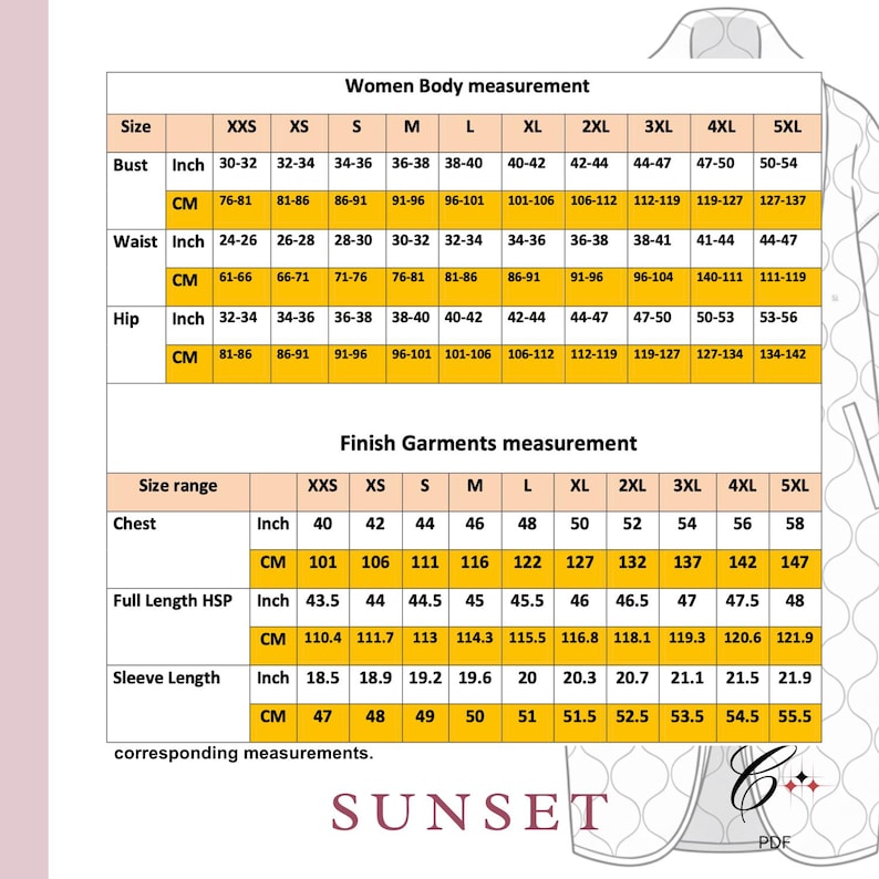Pu&ograve; includere: Una tabella delle misure per donna, che indica le misure del corpo e dei capi in pollici e centimetri. Include misure di busto, vita, fianchi, torace, lunghezza totale e lunghezza manica per varie taglie, da XXS a 5XL. La parola "SUNSET" &egrave; in basso.
