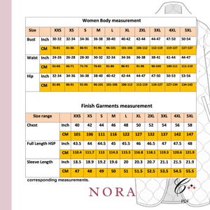 May include: A size chart for women's body and garment measurements, including bust, waist, hip, chest, full length, and sleeve length in inches and centimeters. The chart includes sizes from XXS to 5XL. The Nora logo is at the bottom.