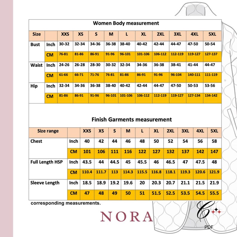 May include: A size chart for women's body and garment measurements, including bust, waist, hip, chest, full length, and sleeve length in inches and centimeters. The chart includes sizes from XXS to 5XL. The Nora logo is at the bottom.