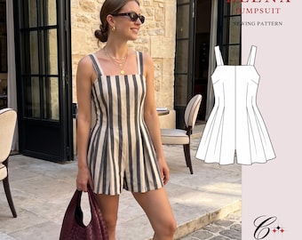 Elena Jumpsuit Sewing Pattern, Square Neck Romper, Flowy Playsuit PDF (Sizes 00-26), Beginner Friendly