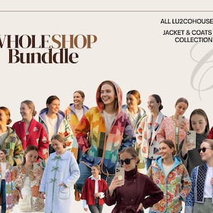 May include: A collection of various jackets and coats featuring diverse patterns, colours, and styles, including quilted, floral, and solid designs. The text reads WHOLESHOP Bunddle and ALL LU2COHOUSE JACKET & COATS COLLECTION on a light background.